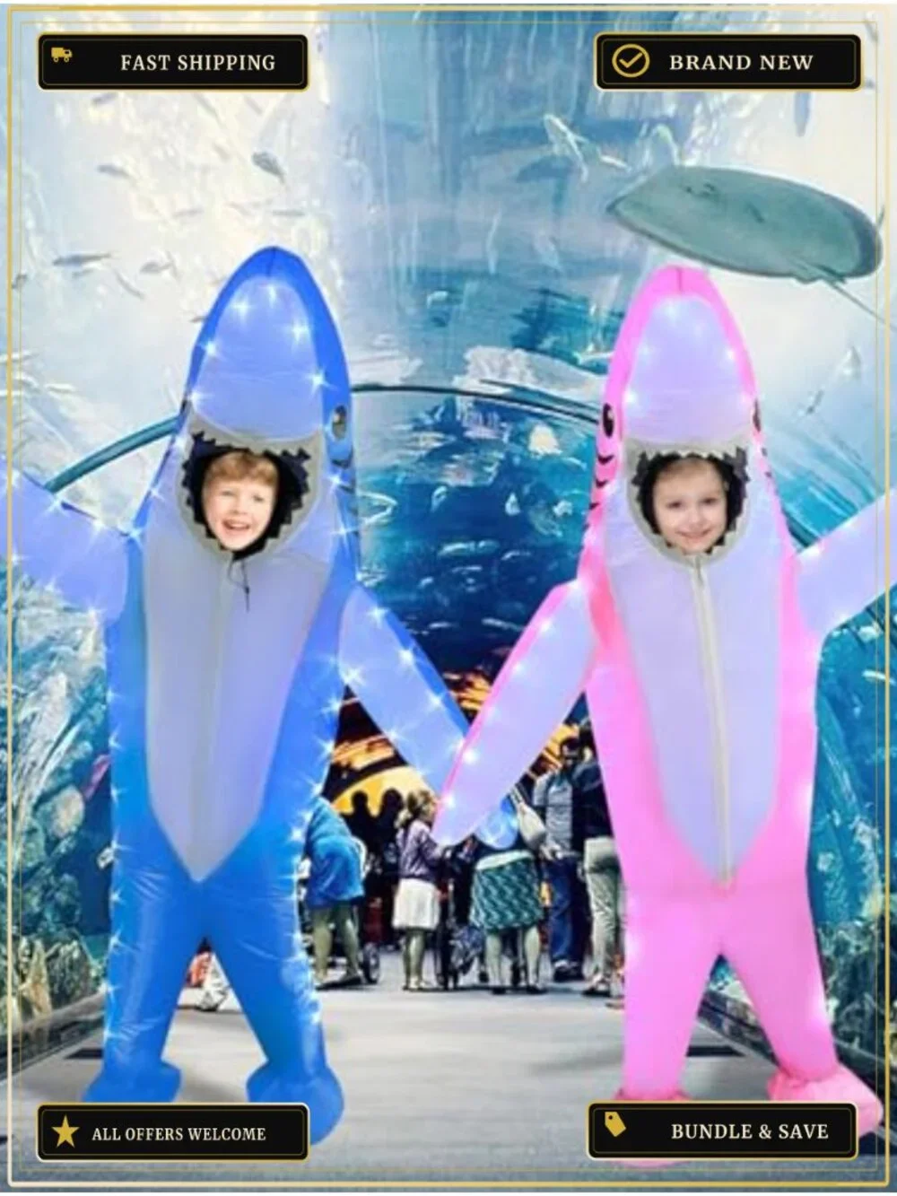 Kids Inflatable Shark Costume LED Lights Blow Up Halloween Cosplay